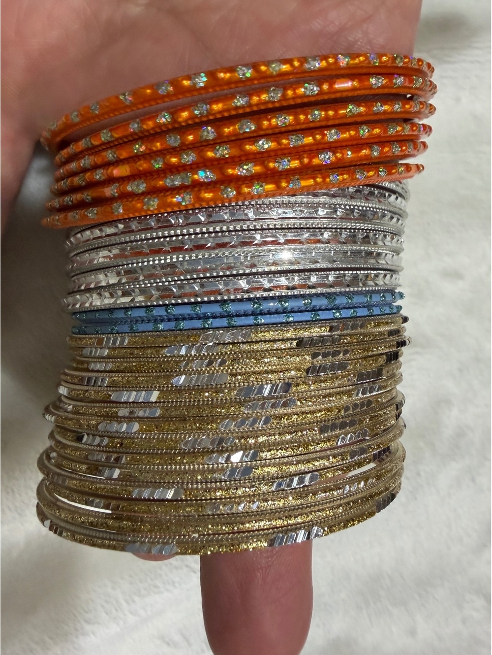 Multitone Indian crystal bangle set orange silver blue gold churi bracelets
